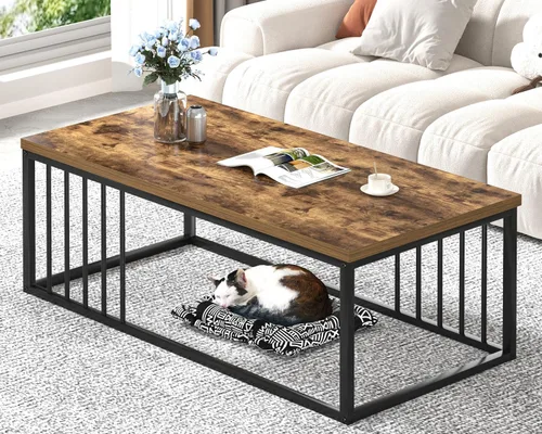 FOLUBAN Mesa de café, moderna mesa de sala de estar de madera y metal, mesa de té rectangular industrial, marrón rústico, 43.3 pulgadas