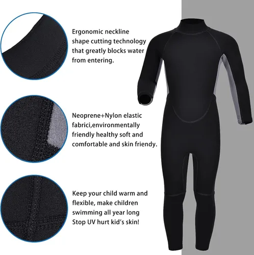 Miniatura 6 de Traje de neopreno de 3 mm para niños, niñas, niños pequeños y jóvenes; traje de baño completo térmico para agua fría; cremallera en la espalda