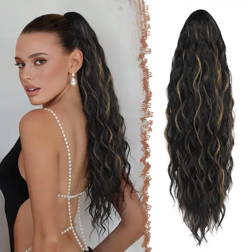 Miniatura 11 de FESHFEN Extensiones de cola de caballo – 26 pulgadas cordón largo rizado ondulado clip en colas de caballo pelo sintético extensiones de cola
