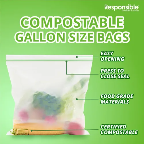 Miniatura 3 de Responsible Products Bolsa con cremallera resellable de gran galón compostable certificada, bolsas de alimentos extra resistentes, hechas