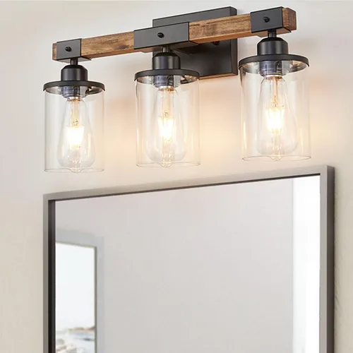 Luminarias de Baño de 3 Luces, Luz de Tocador de Baño Estilo Granja Madera Rústica Industrial Vintage Negra Pequeña Lámpara de Pared Aplique sobre