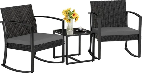 Miniatura 10 de Homall - Juego de muebles de patio de 3 piezas de resina para uso en exteriores - Juego de bistró con sillas de columpio acolchadas y mesa para Negro