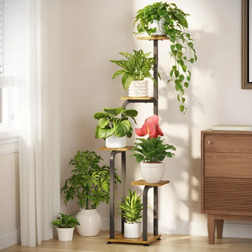 Miniatura 12 de LASZOLA Soporte para plantas de 5 niveles alto de madera y metal para interiores para macetas de servicio pesado, estante vertical grande