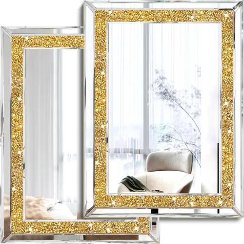 2 Piezas de Espejos de Pared, Decoración de Pared con Diamante Triturado, Espejos Decorativos de Color Dorado para Sala de Estar, Dormitorio, Baño.