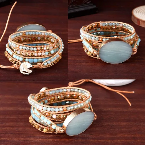 Miniatura 3 de Pulsera de cuero hecha a mano con cuentas de cristal natural, estilo bohemio, Adjustable, piedra natural