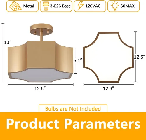 Miniatura 3 de Lámpara de techo moderna de 3 luces doradas de 12.6 pulgadas, montaje semiempotrado industrial de metal cerca del techo, lámparas de granja