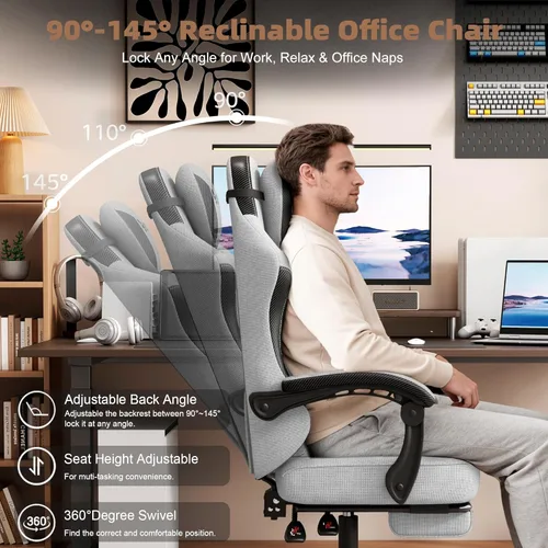 Miniatura 6 de Silla de juegos Vonesse, silla de computadora de tela con amortiguador de resorte de bolsillo, silla de oficina con reposapiés y soporte lumbar