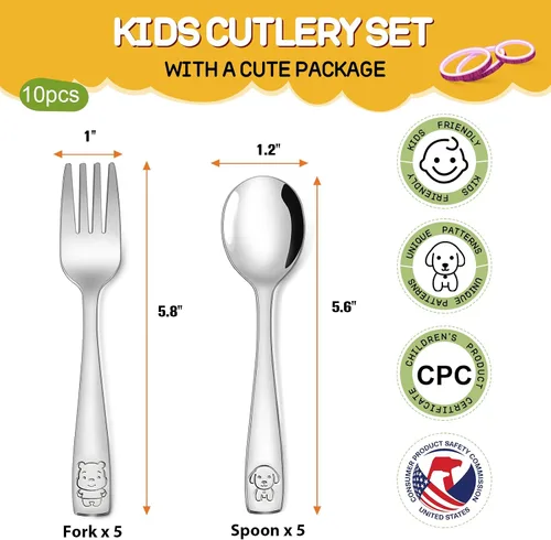 Miniatura 2 de VITEVER Utensilios para Niños Pequeños de 10 Piezas, Juego de Cubiertos de Acero Inoxidable para Niños, Tenedores y Cucharas Seguros para Niños