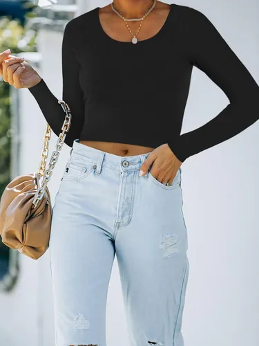 Miniatura 4 de REORIA Camiseta básica de manga larga con cuello redondo y doble forro para mujer