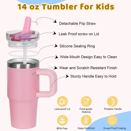 Miniatura 3 de Vaso de 14 onzas para niños con tapa con popote abatible y asa, 100% a prueba de fugas, vaso mini de 14 onzas, vaso aislado al vacío de acero Rosa