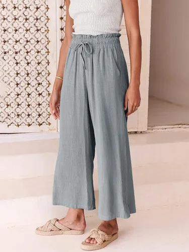 Miniatura 8 de ANRABESS Pantalones de lino para mujer, estilo casual, holgados, cintura alta, cordón de pierna ancha, pantalones capri palazzo con bolsillos