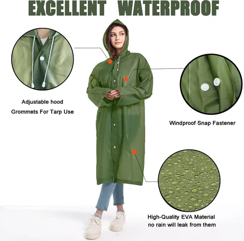 Miniatura 27 de Abrigos de lluvia (paquete de 2) – Ponchos de lluvia reutilizables de EVA para adultos, chaquetas impermeables para hombres y mujeres