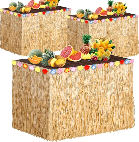 3 paquetes de faldas de mesa hawaianas de hierba Luau de 108 x 30 pulgadas, hibisco tropical Luau, decoraciones de fiesta, faldas de mesa hawaianas