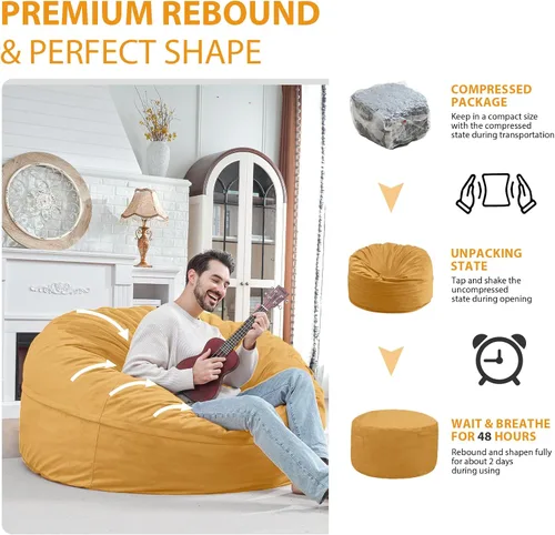 Miniatura 322 de Puf de 5 pies, puf grande con relleno de espuma viscoelástica, sofá puff esponjoso con funda de terciopelo holandés, puf redondo para sala de estar