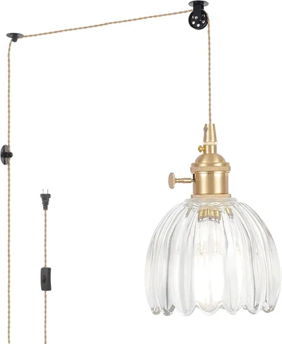 Miniatura 58 de Shenmoyl Lámpara colgante con pantalla de vidrio transparente a rayas, luz colgante vintage de latón, luz colgante ajustable para cocina, isla
