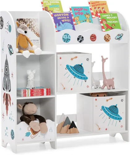 Costzon Organizador de juguetes y libros para niños, armario de almacenamiento de madera con 5 estantes, 2 cajas y 3 ranuras, perfecto para sala de