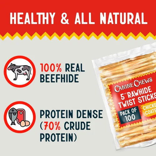 Miniatura 3 de Canine Chews Palitos recubiertos de pollo de 5 pulgadas, paquete de 100 golosinas de cuero crudo envueltas en pollo, revestimiento de pollo 100%