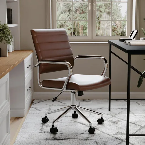Miniatura 6 de Martha Stewart Piper - Silla giratoria con reposabrazos para oficina en casa en piel sintética marrón con marco de níquel pulido