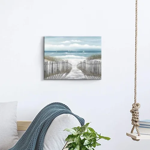 Miniatura 4 de Lienzo decorativo para pared, camino de playa: camino de arena con pintura de valla a la costa, impresiones artísticas para baño