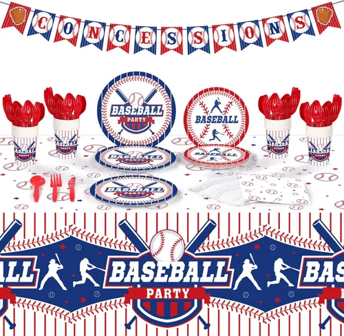 Tatuo 171 piezas de decoración de fiesta de béisbol, incluye pancarta temática de béisbol, mantel rojo, blanco y azul, vajilla de papel de béisbol