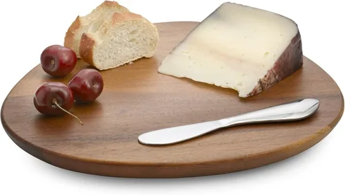 Nambé Xeno - Tabla de queso con esparcidor, madera de acacia y acero inoxidable para queso, embutidos y galletas, tabla de 10.5 pulgadas y