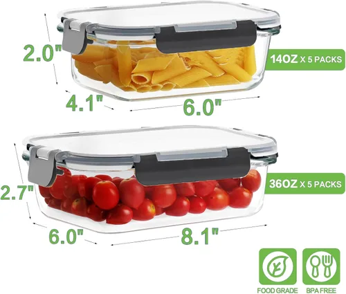 Miniatura 2 de HOMBERKING - Juego de 10 recipientes de vidrio borosilicato para preparación de comidas con tapas de cierre, juego de recipientes de vidrio