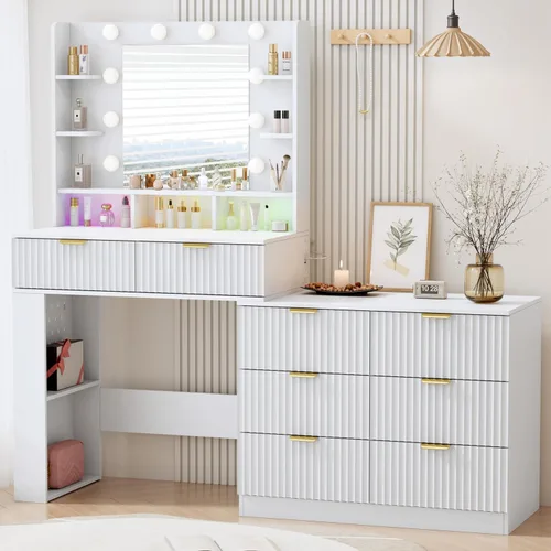 Miniatura 12 de Escritorio de tocador de maquillaje con espejo y luces, escritorio de madera estriada de 45 pulgadas con parte superior de cristal, 5 cajones y Roble