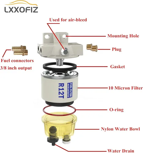 Miniatura 5 de Kit completo de separador de agua con filtro de combustible marino para fueraborda R12T con NPT ZG1/4-19 reemplaza a Racor S3240 120AT R12T