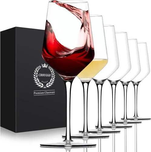 Chouggo Juego de 6 copas de vino, cristal soplado a mano para vino tinto o blanco, 15 onzas, hechas a mano por artesanos, regalos para mujeres,
