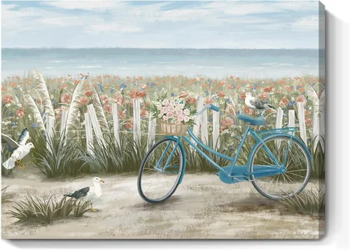Miniatura 13 de Arte de pared para decoración de baño, imagen de playa azul, tema oceánico, impresión en lienzo de flores, pintura moderna de paisaje marino