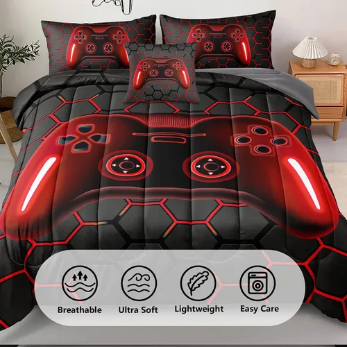 Miniatura 2 de Juego de ropa de cama gaming de 5 piezas tamaño twin para niños, juego de edredón gamer para niños, niñas, adolescentes, 5 piezas de ropa de cama