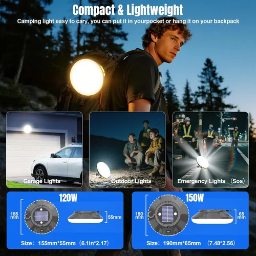 Miniatura 7 de Linterna LED solar portátil de 16000 mAh, 26000 lm, luz recargable de 150 W con imán, linterna, luces impermeables IPX66 para tienda de campaña