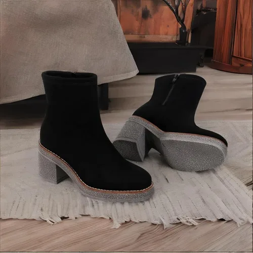 Miniatura 8 de JABASIC Botas de tobillo para mujer, tacón bajo, tacón grueso, botas de vestir con cremallera lateral