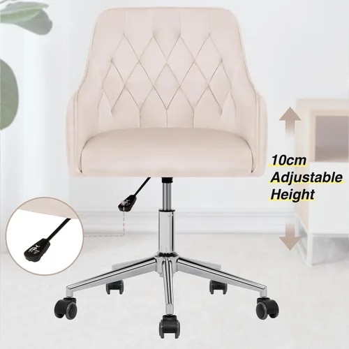 Miniatura 5 de HOFFREE Silla de oficina de terciopelo, bonita silla de tocador con ruedas para dormitorio, silla tapizada para oficina en casa (beige)