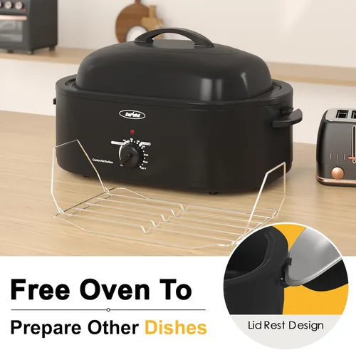 Miniatura 4 de Sunvivi Horno asador eléctrico de 18 cuartos de galón, 22 libras, con tapa autorociante, asador de pavos con función única de Negro
