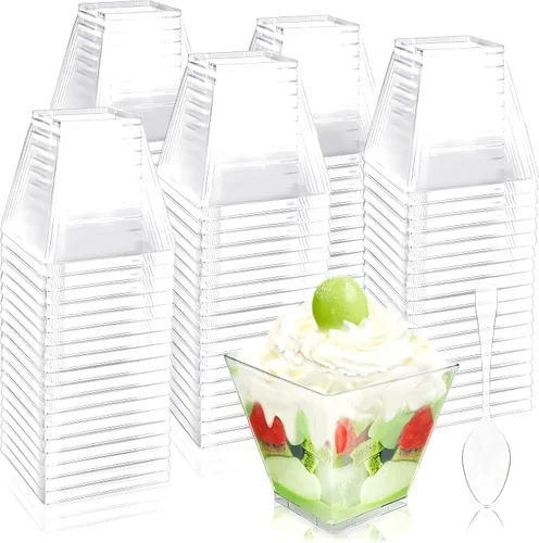 Miniatura 9 de Jnnzzggu 50 piezas de tazas de postre cuadradas de plástico mini, tazas de aperitivo de parfait de 3.5 oz de plástico transparente para postres