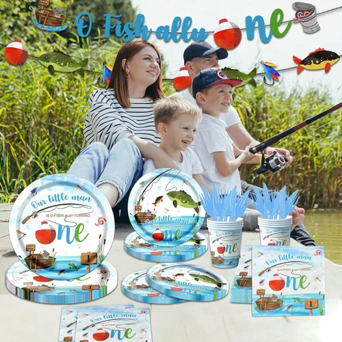 Miniatura 3 de Decoraciones de Cumpleaños Ofishally One, Suministros de Fiesta de Primer Cumpleaños Gone Fishing 142Pcs Nuestro Pequeño Hombre Está Ofishally