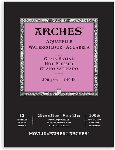 Almohadilla de acuarela Arches Aquarelle, prensada en caliente, 140 lb/300 g/m², 12 hojas, 9 x 12 pulgadas, papel de acuarela Arches 100% algodón