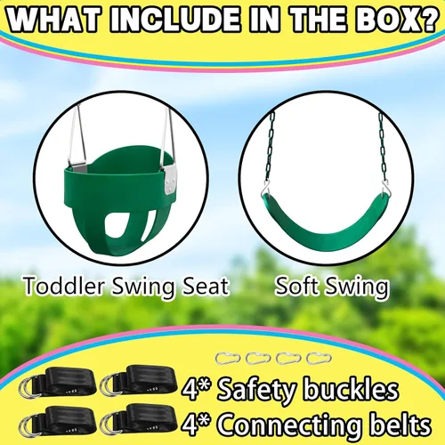 Miniatura 2 de Juego de columpio para niños pequeños para exteriores - Asiento de respaldo alto con cubo completo con 4 correas colgantes y ganchos para niños