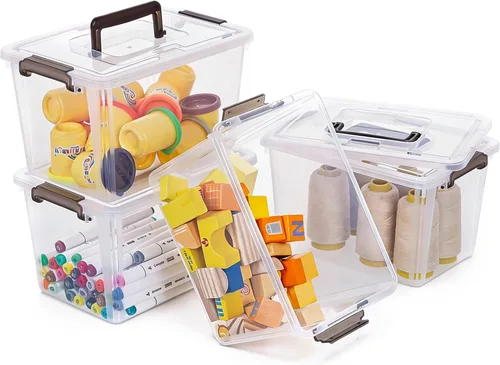 Citylife Paquete de 4 contenedores de almacenamiento de plástico con tapas de pestillo, caja de almacenamiento transparente con asa, contenedores de