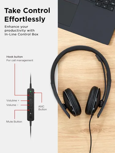 Miniatura 7 de Auriculares con cable Lenovo con cancelación activa de ruido (ANC), conectividad USB-C y USB-A, Certificado para Zoom, Cancelación activa de ruido