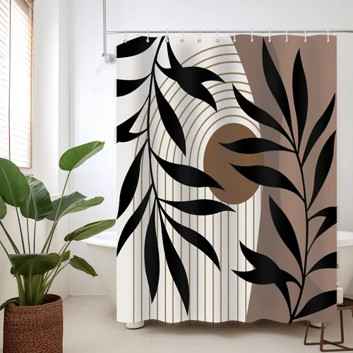 Miniatura 82 de Cortina de ducha bohemia en negro y gris, cortinas de ducha modernas de mediados de siglo negro y gris para baño, juego de tela impermeable