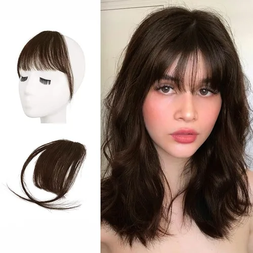 Miniatura 13 de BARSDAR Flequillo postizo de pelo humano real - Flequillo postizo 100% pelo humano para mujeres - Extensiones de flequillo ondulado castaño rojizo