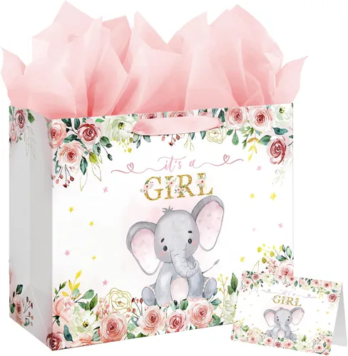 Laidans Bolsa de regalo de cumpleaños para baby shower de 16.5 pulgadas para niña con papel de seda y tarjeta, diseño de elefante floral rosa con