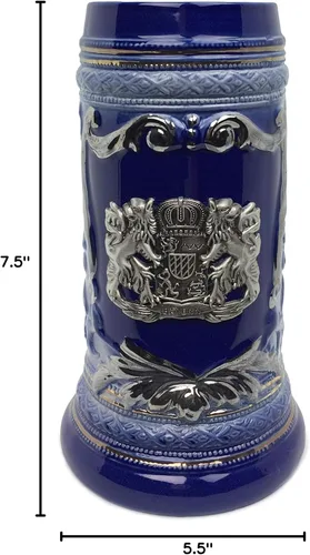 Miniatura 6 de OktoberfestHaus - Taza de cerveza con escudo de armas del Bayern alemán, escudo de armas con emblema de metal sobre jarra de cerámica azul cobalto