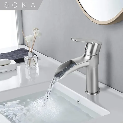 Miniatura 9 de SOKA - llave de baño en cascada, llave de fregadero de baño con un solo mango y un solo agujero para lavabo, llave de lavabo con desagüe emergente