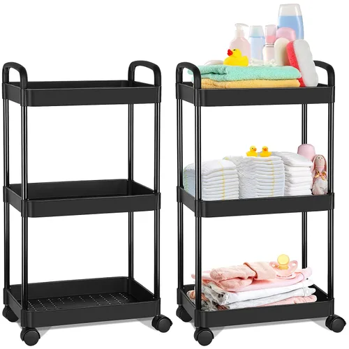 Barydat Carrito de pañales para bebé, organizador de pañales móvil de 3 niveles, de plástico con ruedas, color negro, esencial organizador de