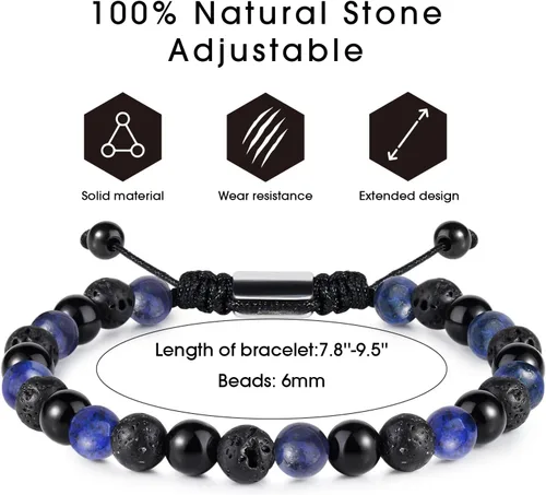 Miniatura 4 de Pulseras de cuentas negras para hombres y niños 0.236 in de obsidiana ónix cuentas de lava para hombre conjunto de pulseras para hombre - Genial