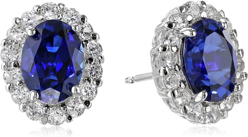Miniatura 8 de Amazon Essentials Aretes ovalados de plata de ley con halo de zafiro blanco, (anteriormente colección Amazon)