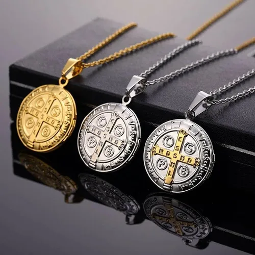 Miniatura 2 de Medalla de San Benito Medalla de Acero Inoxidable Collar para Mujeres Hombres Metal St Benito Cross Medallet Collares de fotos Gargantilla de San